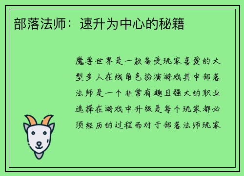 部落法师：速升为中心的秘籍